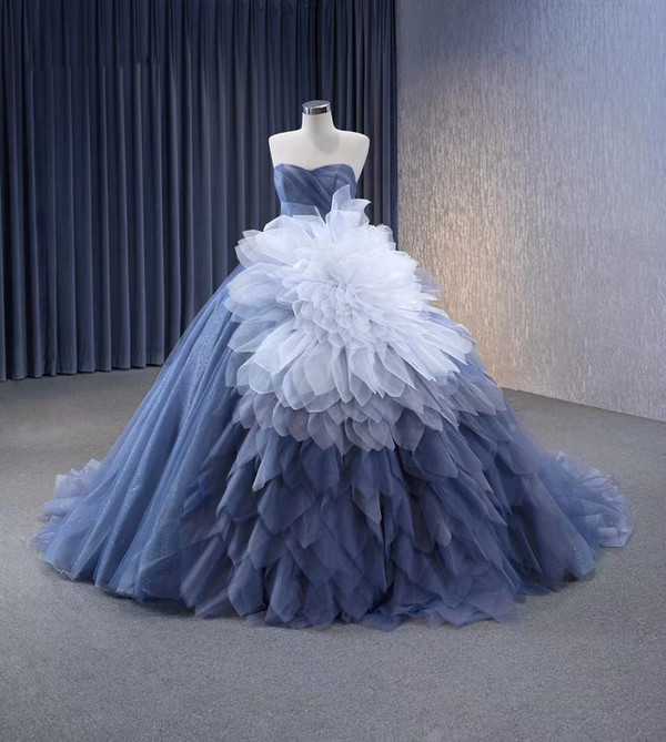 Blue Tulle Sequins Prom Dress With Detachable Puff Tulle