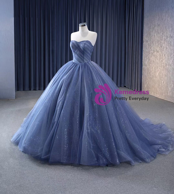 Blue Tulle Sequins Prom Dress With Detachable Puff Tulle