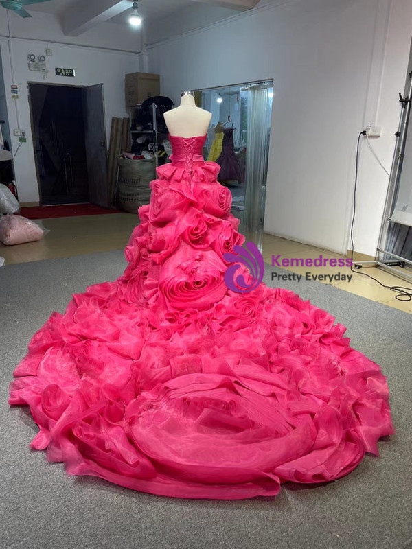 Fuchsia Ball Gown Strapless Pleats Prom Dres With Long Train