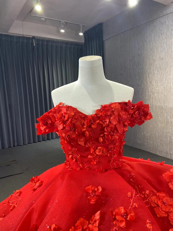 Red Tulle Off the Shoulder 3D Appliques Prom Dress
