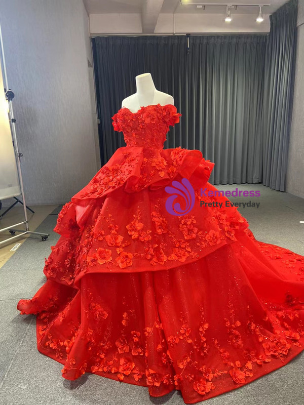 Red Tulle Off the Shoulder 3D Appliques Prom Dress