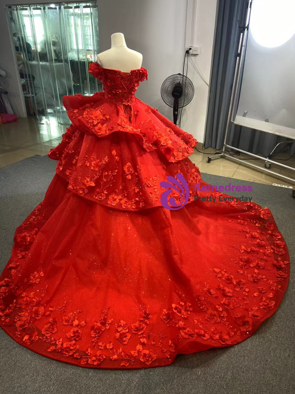 Red Tulle Off the Shoulder 3D Appliques Prom Dress