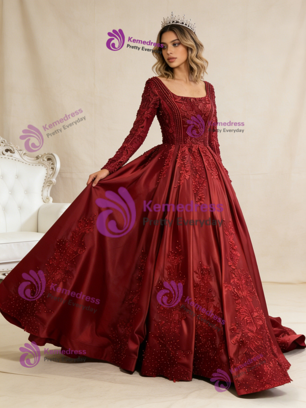 Burgundy Square Neck Satin Long Sleeve Appliques Pearls Prom Dress