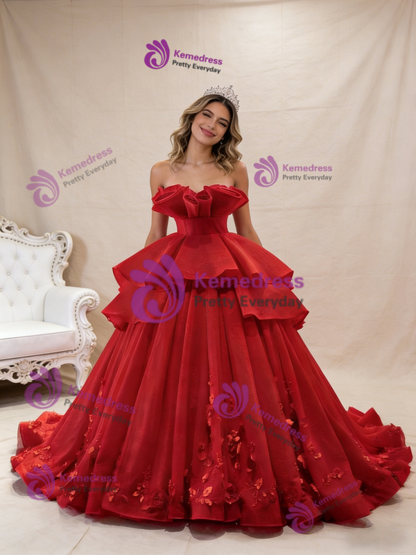 Red Tulle Strapless 3D Flower Prom Dress