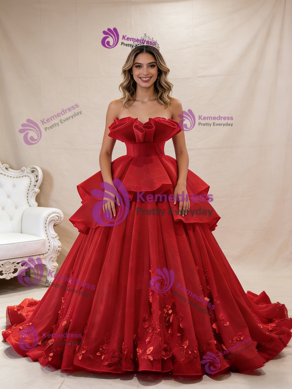 Red Tulle Strapless 3D Flower Prom Dress