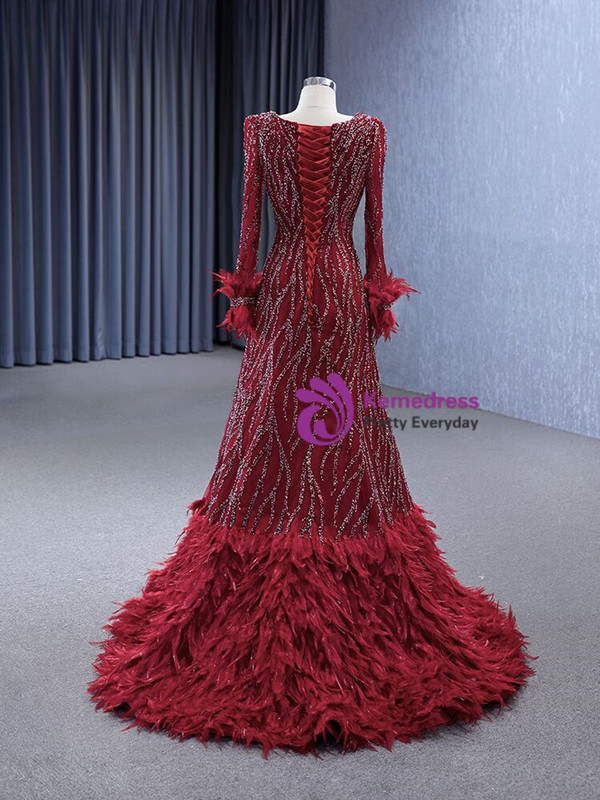 Burgundy Long Sleeve Square Neck Beading Prom Dress