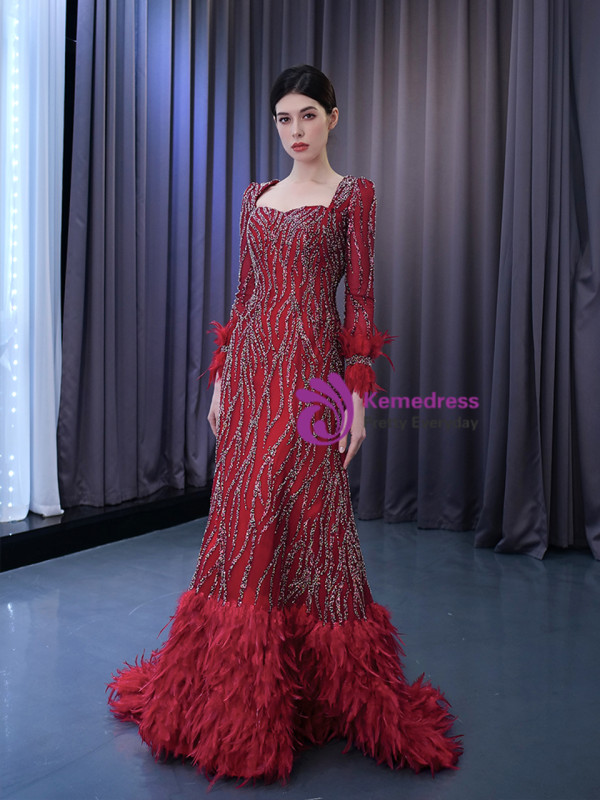Burgundy Long Sleeve Square Neck Beading Prom Dress