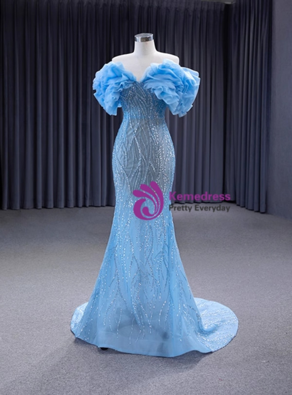 Blue Mermaid Tulle Sequins Beading Off the Shoulder Prom Dress
