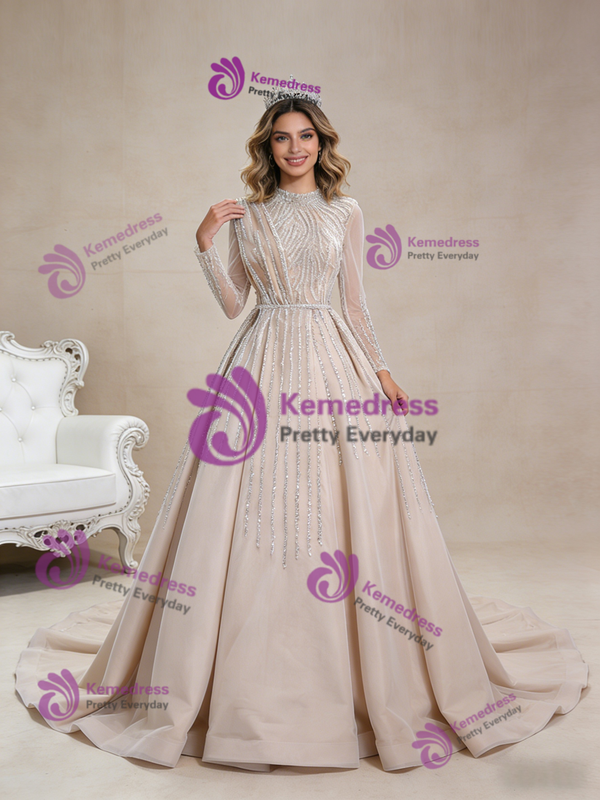 Champagne Long Sleeve Beading Sequins Prom Dess