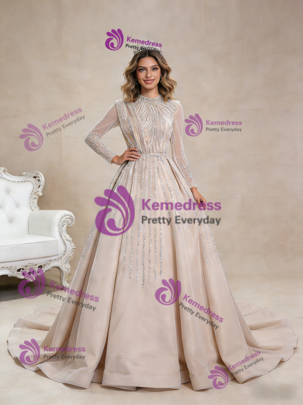 Champagne Long Sleeve Beading Sequins Prom Dess