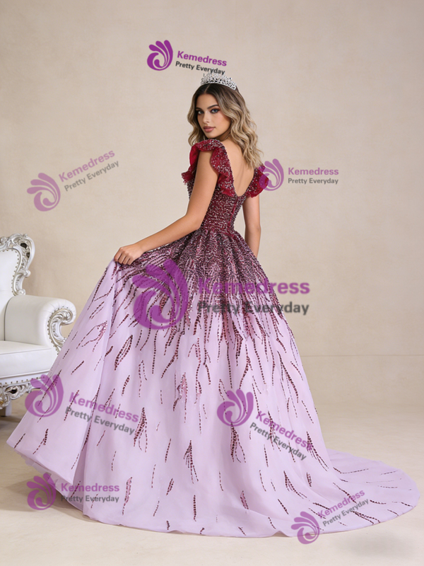 Purple Ball Gown Beading V-neck Prom Dress