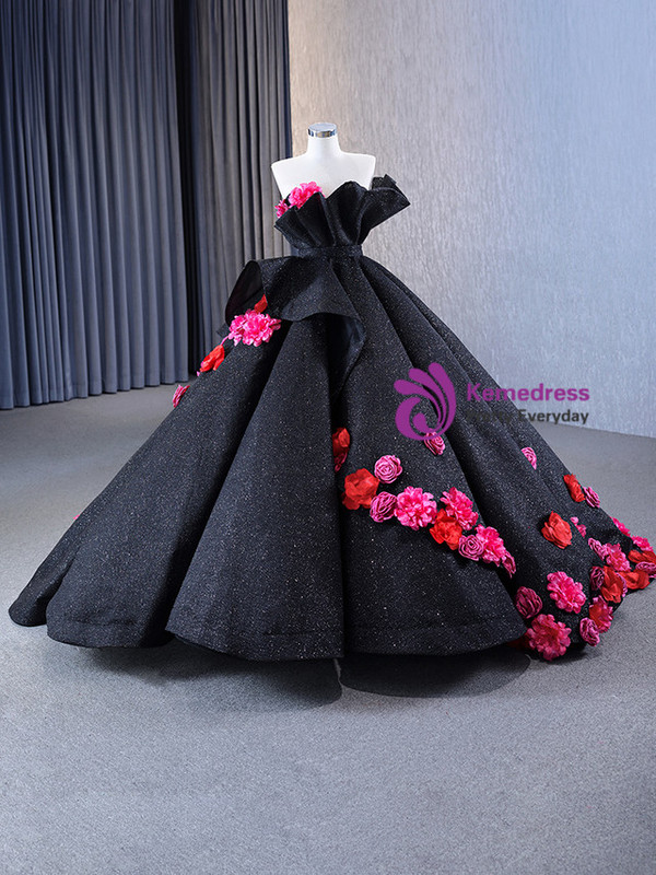 Black Sequins Ball Gown Strapless Flower Prom Dress