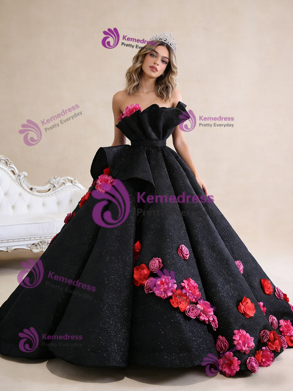 Black Sequins Ball Gown Strapless Flower Prom Dress