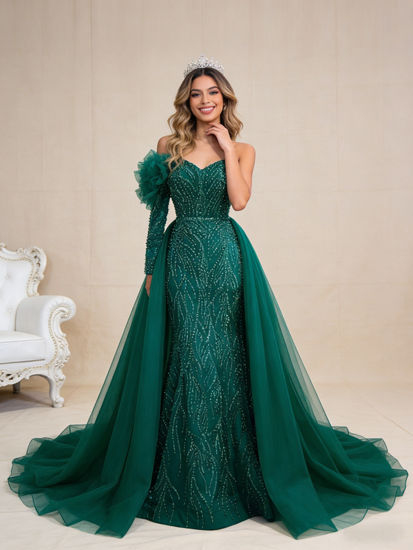 Green Mermaid Tulle Beading Long Sleeve Prom Dress