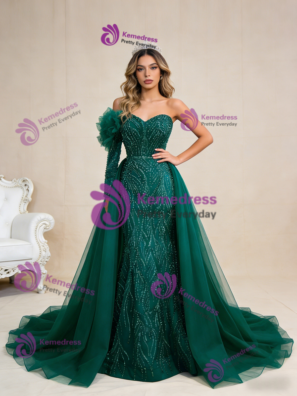 Green Mermaid Tulle Beading Long Sleeve Prom Dress