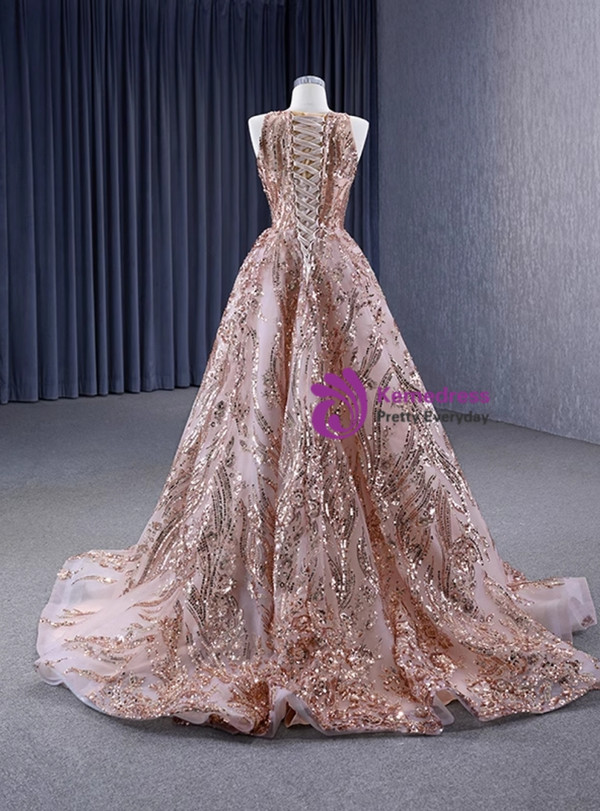 Champagne Gold Sequins Sleeveless Prom Dress