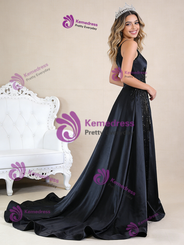 Black Satin Strapless Pleats Beading Prom Dress