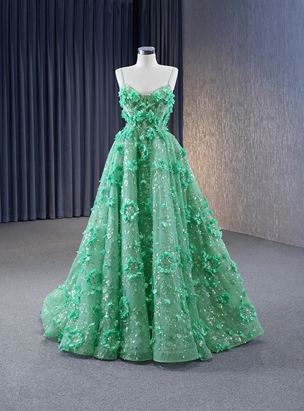 Green Sequins Spaghetti Straps 3D Flower Prom Dress