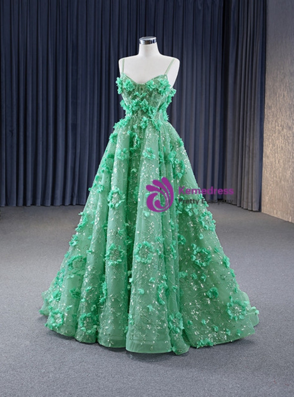 Green Sequins Spaghetti Straps 3D Flower Prom Dress