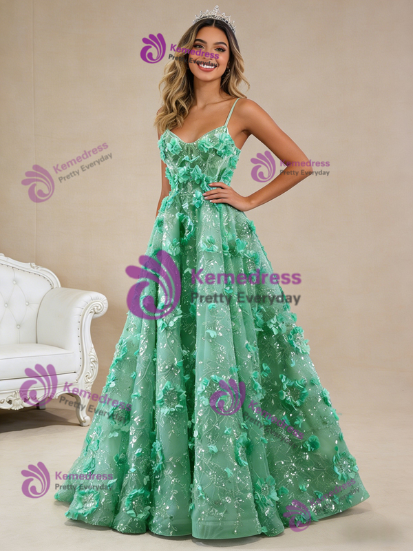 Green Sequins Spaghetti Straps 3D Flower Prom Dress