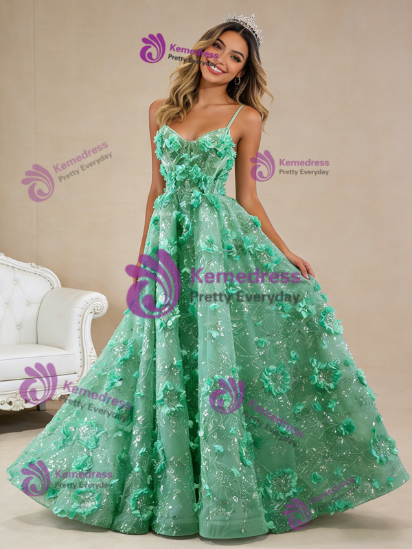 Green Sequins Spaghetti Straps 3D Flower Prom Dress