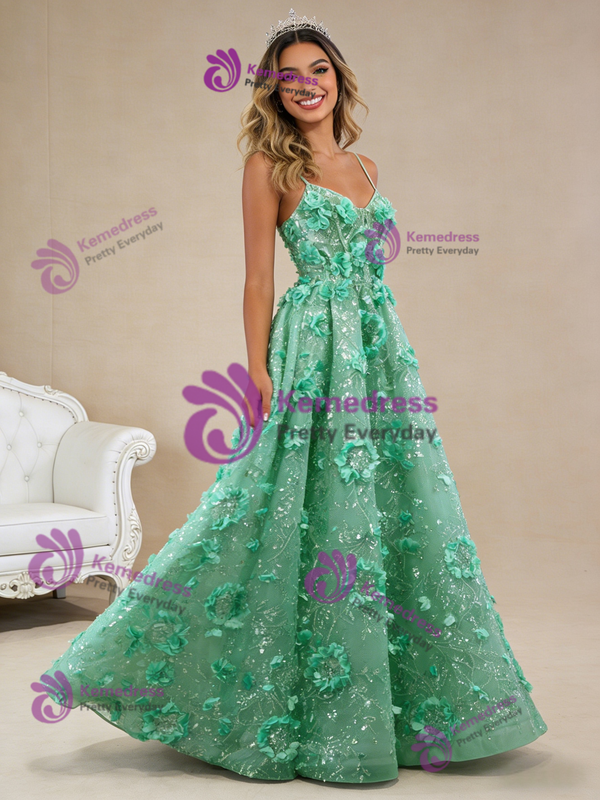 Green Sequins Spaghetti Straps 3D Flower Prom Dress