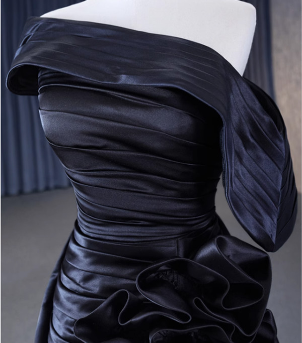 Black Satin Inclined Shoulder Pleats Ruffles Prom Dress