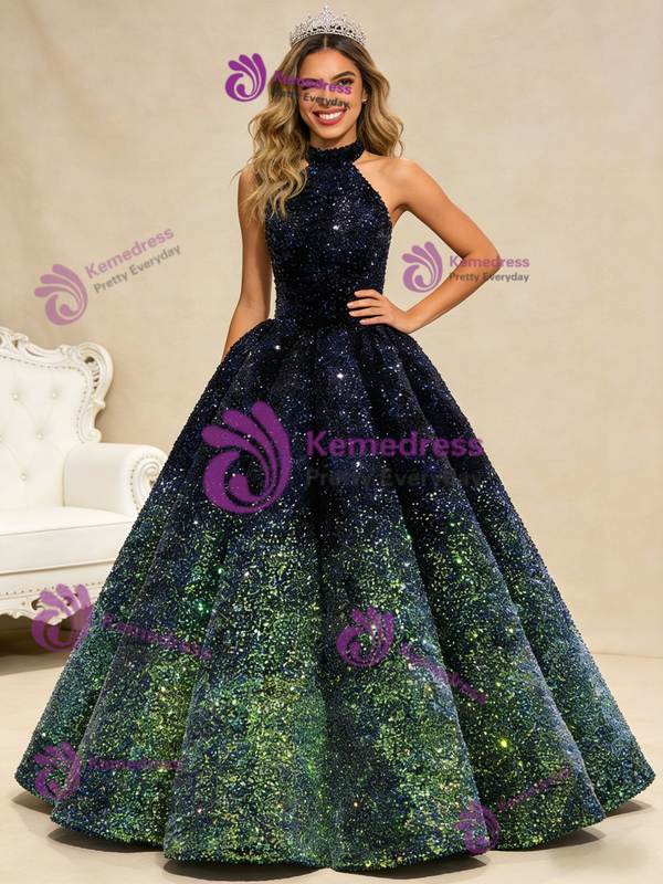 Navy Blue Green Sequins Halter Backless Prom Dress