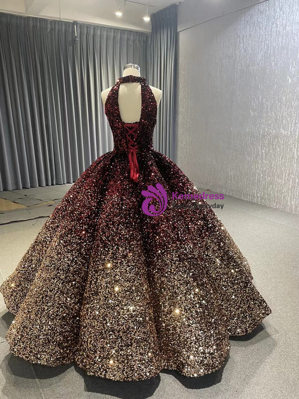 Burgundy Gold Sequins Backless Halter Prom Dress