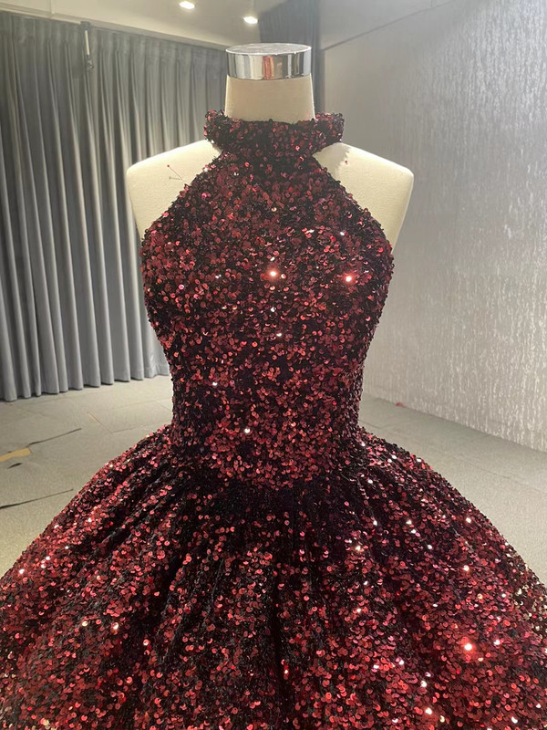 Burgundy Gold Sequins Backless Halter Prom Dress