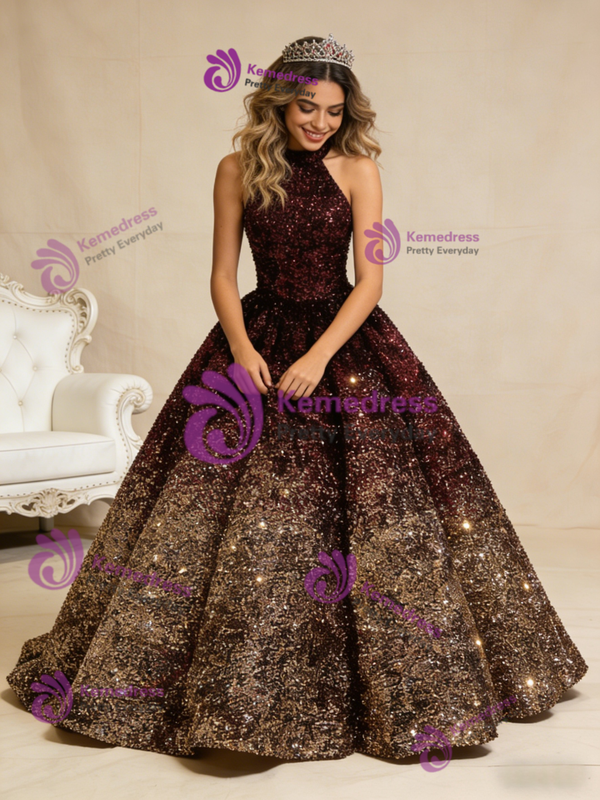 Burgundy Gold Sequins Backless Halter Prom Dress