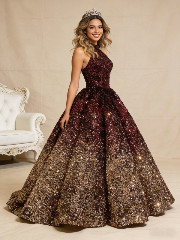 Burgundy Gold Sequins Backless Halter Prom Dress