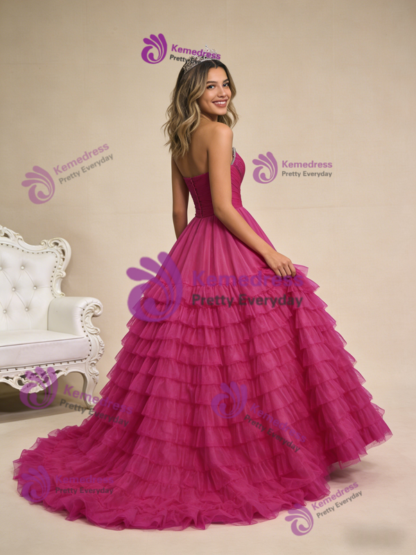 Fuchsia Tulle Sweetheart Beading Pleats Prom Dress