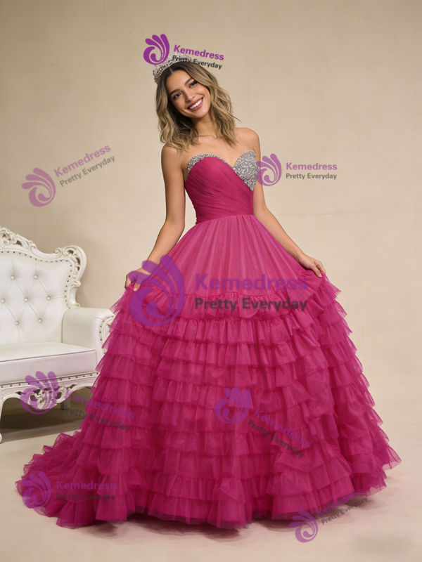 Fuchsia Tulle Sweetheart Beading Pleats Prom Dress
