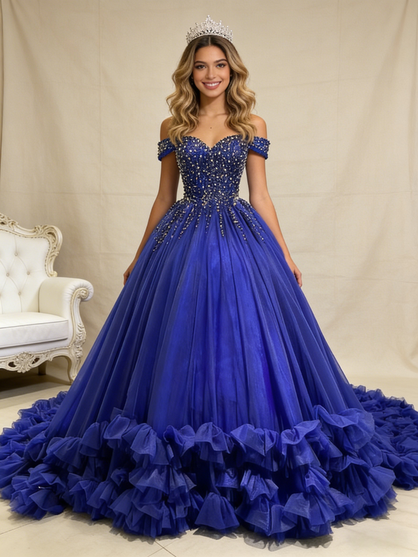 Royal Blue Ball Gown Tulle Off the Shoulder Beading Prom Dress