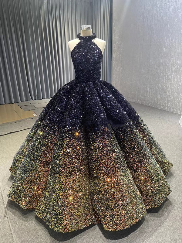 Navy Blue Gold Sequins Backless Halter Prom Dress