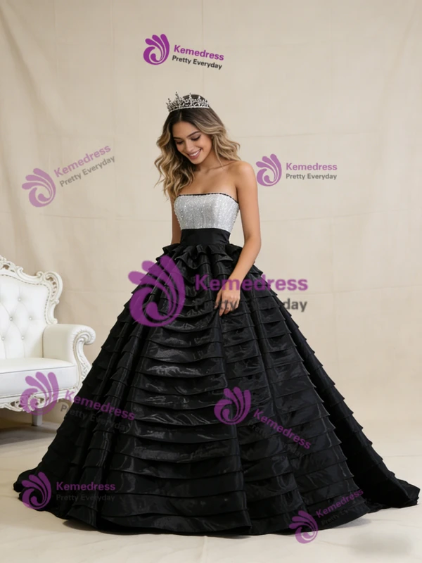 Black Ball Gown Strapless Tiers Sequins Prom Dress
