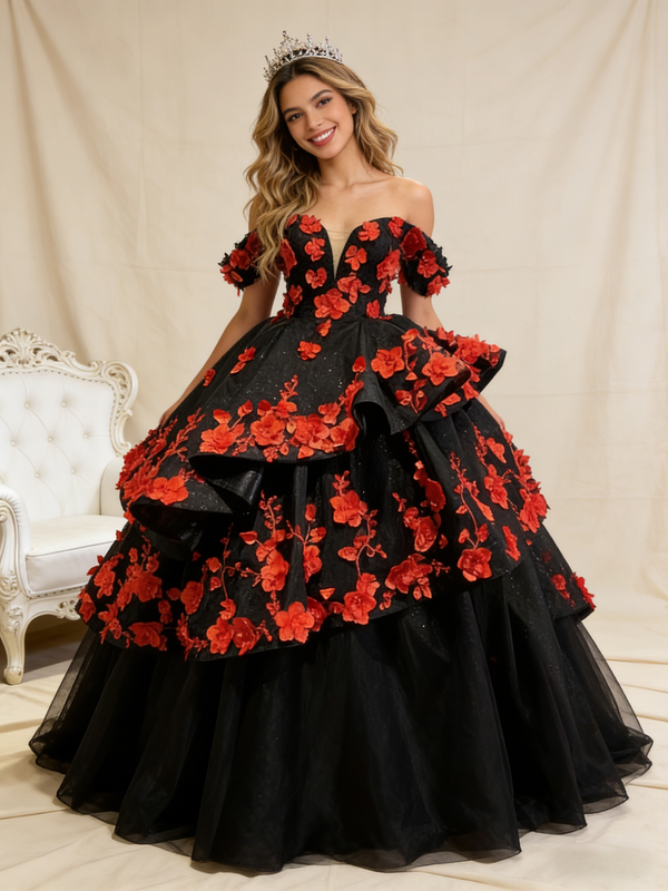 Fashion Black Tulle Red 3D Appliques Prom Dress