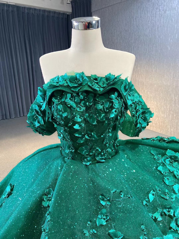 Green Ball Gown Tulle Off the Shoulder 3D Appliques Prom Dress