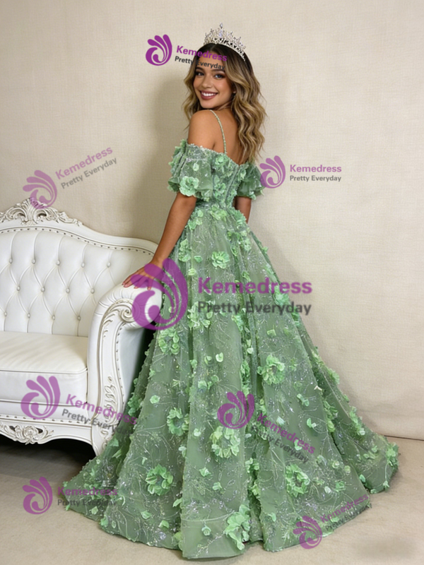 Green Spaghetti Straps Tulle Sequins 3D Flower Prom Dress