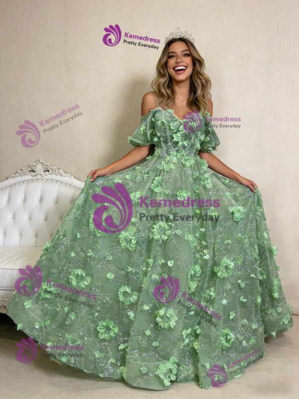 Green Spaghetti Straps Tulle Sequins 3D Flower Prom Dress
