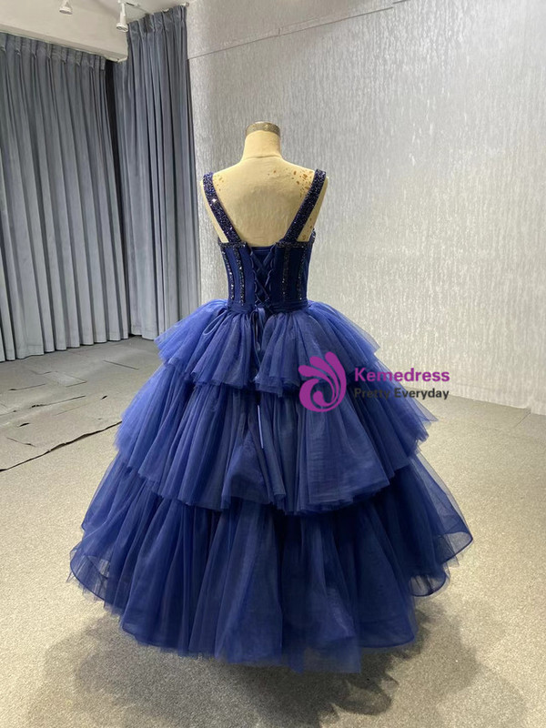 Navy Blue Tulle Tiers Beading Short Prom Dress