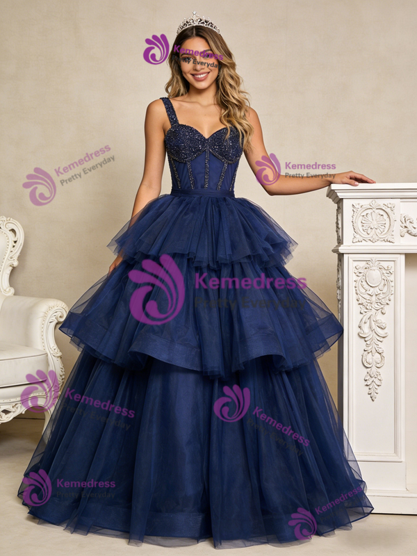 Navy Blue Tulle Tiers Beading Short Prom Dress