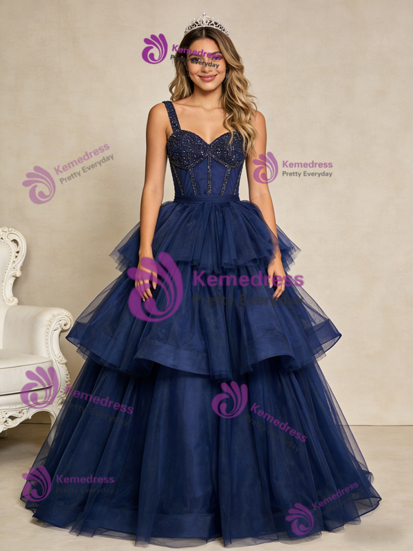Navy Blue Tulle Tiers Beading Short Prom Dress