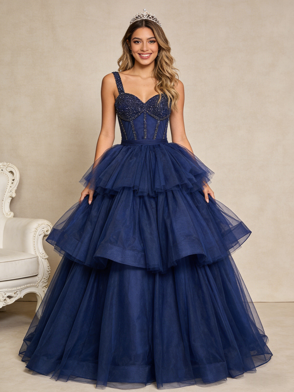 Navy Blue Tulle Tiers Beading Short Prom Dress