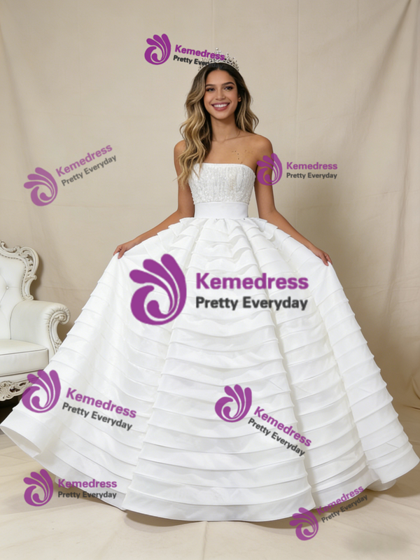 White Ball Gown Strapless Tiers Sequins Prom Dress