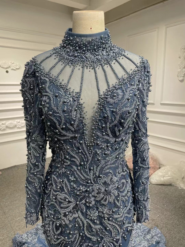 Dark Blue Tulle Mermaid Beading Prom Dress