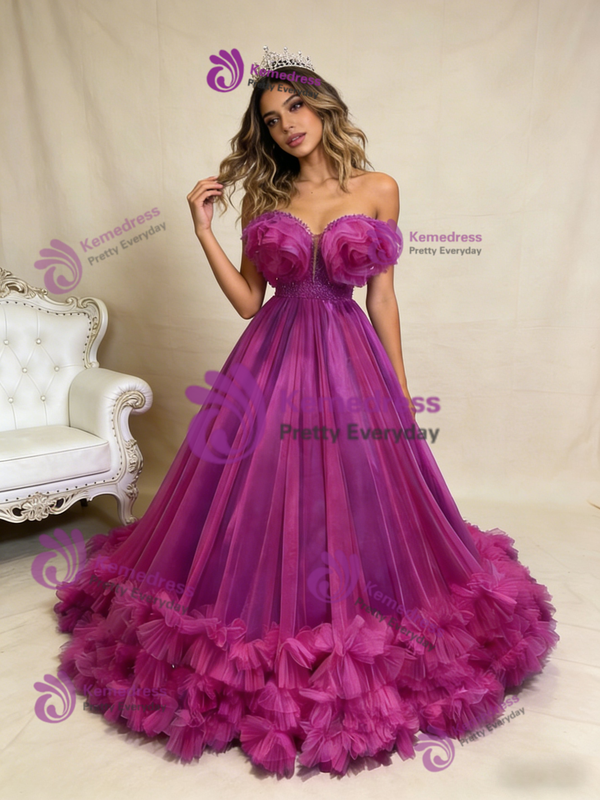 Ball Gown Fuchsia Pearls Tulle Prom Dress