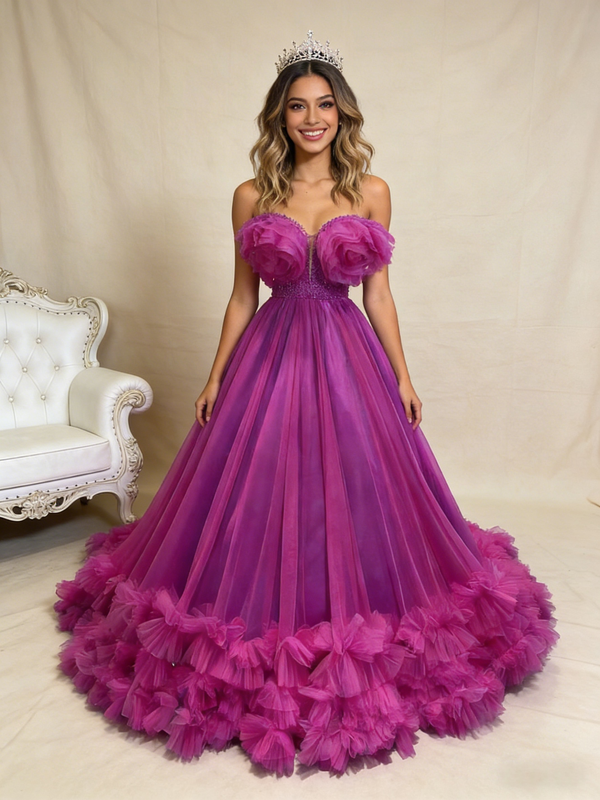 Ball Gown Fuchsia Pearls Tulle Prom Dress