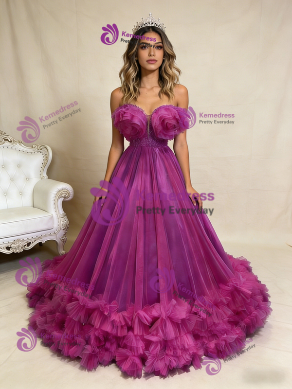 Ball Gown Fuchsia Pearls Tulle Prom Dress